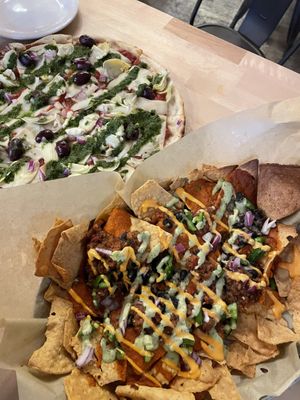 Vegan nachos and pizza  at Dead Bird Brewing in Milwaukee