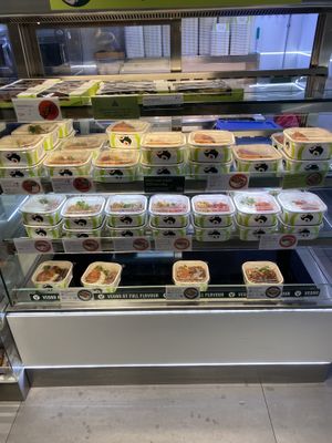 Vegan Gyoza at top, vegan bentos on bottom row  at Wasabi - Oxford St in London