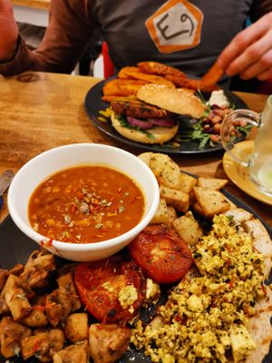 Amazing vegan breakfast and burger with sweet potato wedges.  at The Chakra Lounge in Buxton