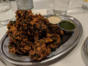 Kale Pakoras, vegan sauces option at Chai Pani in Asheville