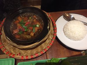 'pork belly' claypot with rice at Sen Viet Vegan in East London