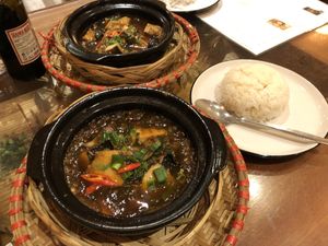 Tofu hot pot and ‘fish’ hot pot  at Sen Viet Vegan in East London