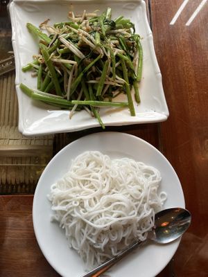 Morning glory and rice noodles  at Sen Viet Vegan in East London