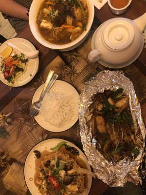 Spicy noodle soup, foil baked shrooms & tofu, stir fried veg on crunchy noondles at Sen Viet Vegan in East London