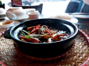 Caramelized pork belly at Sen Viet Vegan in East London