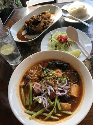 The soup and aubergine meal  at Sen Viet Vegan in East London