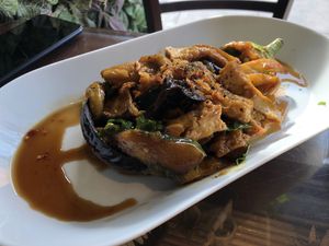 Fried and filled up aubergine   at Sen Viet Vegan in East London