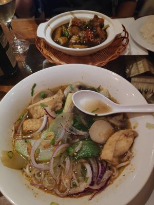 Spicy noodles soup and 'pork' dish (sorry can't remember their proper names) at Sen Viet Vegan in East London