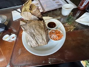 Special fried rice comes wrapped in this leaf   at Sen Viet Vegan in East London