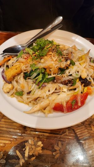 Stir fry with tofu and rice noodles at Sen Viet Vegan in East London