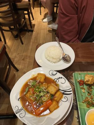 fried tofu in tomato sauce with rice   at Sen Viet Vegan in East London