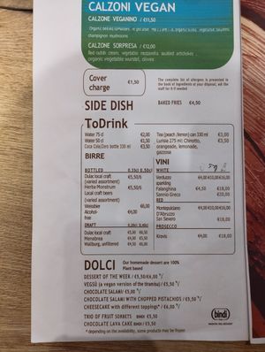 Vegan calzoni menu as of October 2024 at Pizzeria Controvento in Olginate