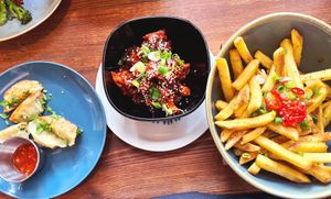 Fried dumpling, Korean glazed cauliflower, salt & pepper fries  at The Tramshed in Sheffield