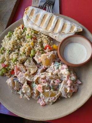 Large plate (we chose potato salad, sweet potato burrito, couscous) (105 DKK) at Little Local in Svendborg