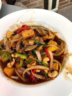 Stir fry with tofu and cashews.  at Thai Chili in Ouray