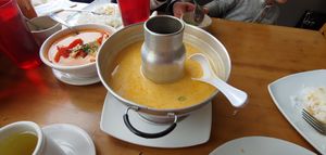 Soup served in warmer. at Thai Chili in Ouray