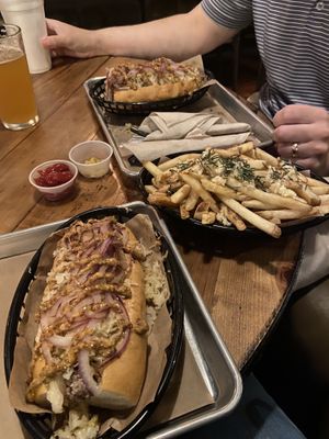 Vegan Brat and Rosemary Garlic Fries.  at The Missing Link in Shreveport