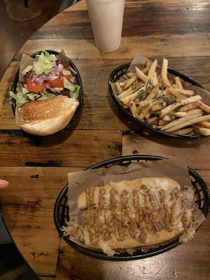 Beer Brat, Beyond Burger, and Garlic & Rosemary Fries.  at The Missing Link in Shreveport