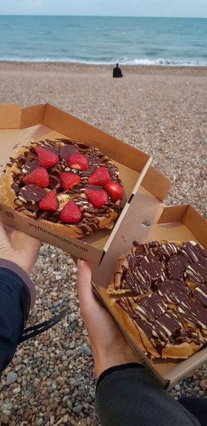Vegan waffles: chocolate, banana, strawberry and  chocolate, peanutbutter, banana at Wafflemeister in Brighton