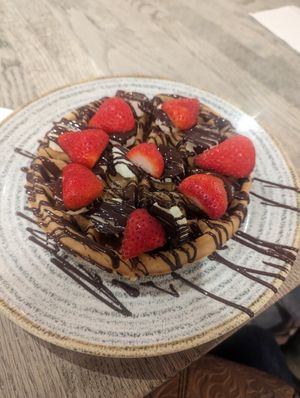 Vegan chocolate, strawberry and banana waffle at Wafflemeister in Brighton