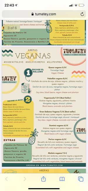 Vegan arepas section  at Tumatey in Barcelona