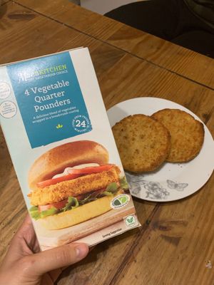 Freshly baked vegetable quarter pounders.  at ALDI in Loughborough