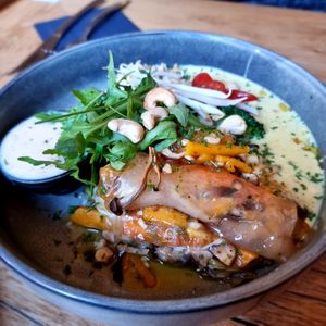 Rice paper dumplings with shiitakes, cashews, pumpkin, ...  at Den Olifant in Ypres