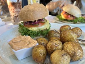 Burger with baked potato  at Funky Fresh Cafe - DogA in Oslo