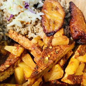 Jerk tofu pineapple, plantains  w/ coconut rice and slaw. at Jamin Vegan (by JamaFo Xpress) in Canoga Park