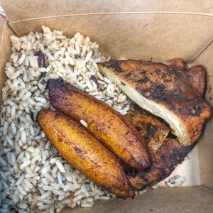 Jerk Chicken with Coco Rice, Beans and Fried Plantains  at Jamin Vegan (by JamaFo Xpress) in Canoga Park