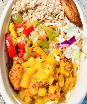 Vegan Reggae Bowl: Mango Ginger Chutney Chickun w/ Coconut Rice & Beans & Fried Plantain at Jamin Vegan (by JamaFo Xpress) in Canoga Park