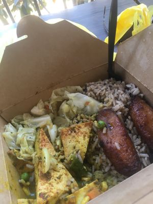 Coconut curry tofu with rice and beans, steamed cabbage, two plantains. This is beyond delicious! at Jamin Vegan (by JamaFo Xpress) in Canoga Park