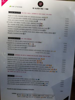 Menu at M2 Gluten Free in Barcelona