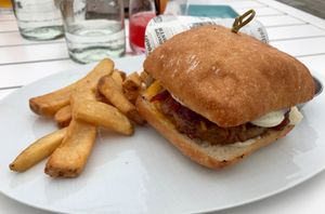 The Impossible Burger, with vegan cheddar cheese, almond mayo, & chutney at Albaca in Coronado