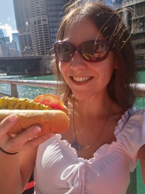 Vegan Chicago dawg on river walk! Yummy at Feed Your Head - Food Stand in Chicago