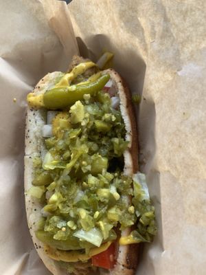 Chicago dog topped with “spicy candy” a spicy/sweet relish kind of thing  at Feed Your Head - Food Stand in Chicago