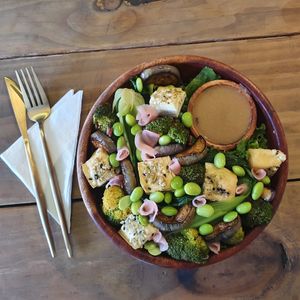 teriyaki eggplant- with veg, tofu, edamame and red rice at SOMA - Green Box | Thao Dien in Ho Chi Minh City