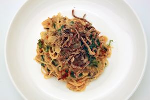 Vegan Hummus Pasta with sautéed baby spinach. Contains onions and garlic. at The Tiramisu Hero in Central Singapore