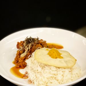 Vegan minced pork with vegan egg rice at The Tiramisu Hero in Central Singapore