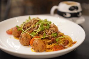 Vegan meatball pasta at The Tiramisu Hero in Central Singapore