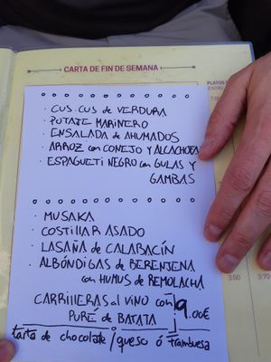 The menu so as 01/02/2019 (dishes are charged individually on the weekend). Cous-cous and aubergine meatballs are the vegan choices at Achuri in Madrid