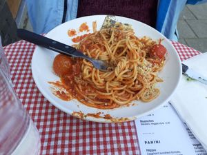 Vegan spaghetti polpette.  Very delicious. at Trevi's in Amsterdam