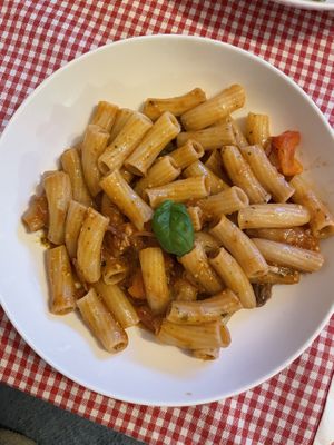 Pasta Trevi’s: secret sauce, onions, olives and paprika   at Trevi's in Amsterdam