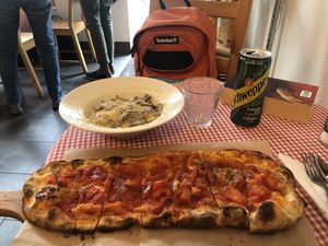 Marinara pizza and mushroom ravioli  at Trevi's in Amsterdam