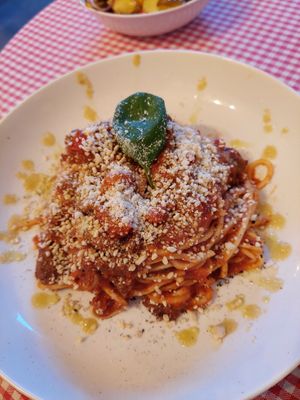 Spaghetti polpette with "meat balls" and cashew parmesan (14.50) at Trevi's in Amsterdam