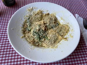 Ravioli zucca: tasty but heavy. It’s with spinach, panna cream, walnuts and pumpkin. at Trevi's in Amsterdam