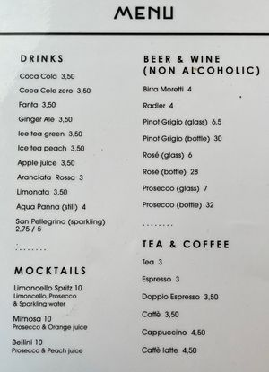 Menu drinks  at Trevi's in Amsterdam