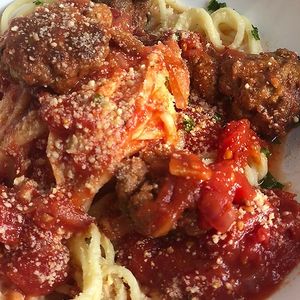 Spaghetti Polpette (home-made vegan meatballs) at Trevi's in Amsterdam