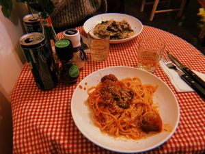 Spaghetti with meatballs and mushroom ravioli at Trevi's in Amsterdam