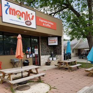 Nice outdoor seating in front of the restaurant if the weather is right. at 7 Monk's Cafe in New Braunfels
